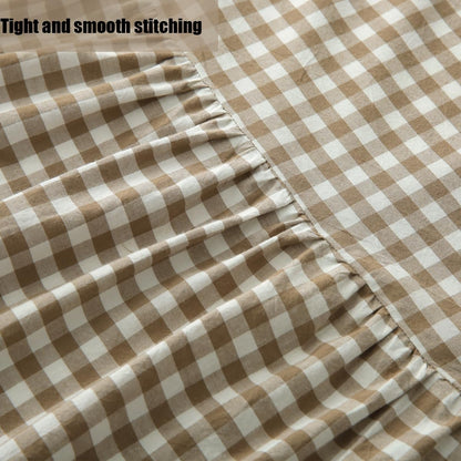 silnuo taupe/white plaid bed skirt gingham dust ruffle, close-up detail