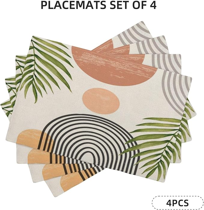 Mid Century Placemats Set of 4, Boho Abstact Sunset Leaf Stripe Decorative - Image 2