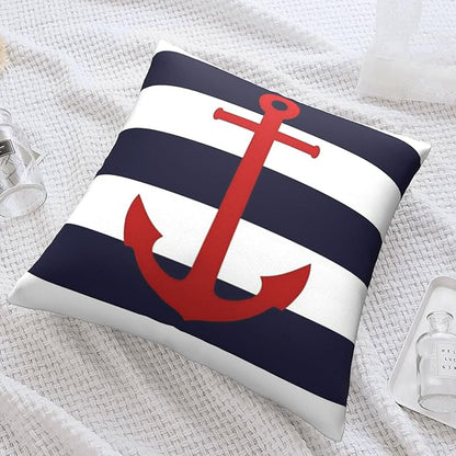 Myshe Square Nautical Red Anchor On Navy Blue Stripes Throw Pillow Cover - Image 7