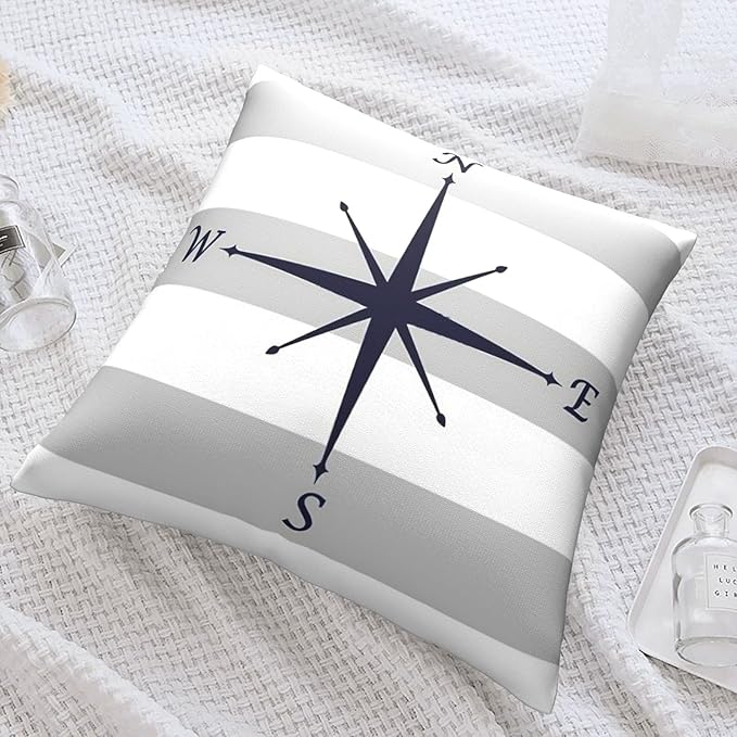 Myshe Square Nautical Navy Blue Compass On Silver Gray and White Stripes Throw - Image 7