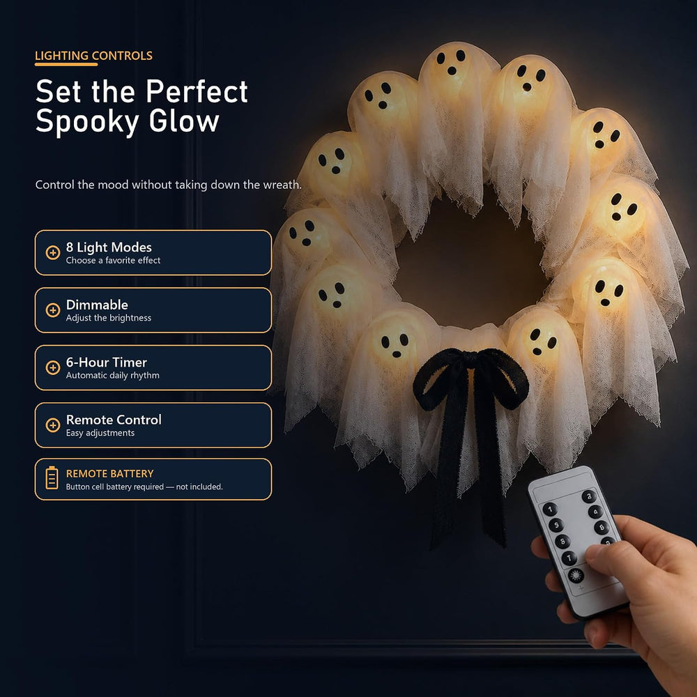 Ghost Wreath, Front Door Halloween Decor, 22-Inch Lit with Remote and Timer