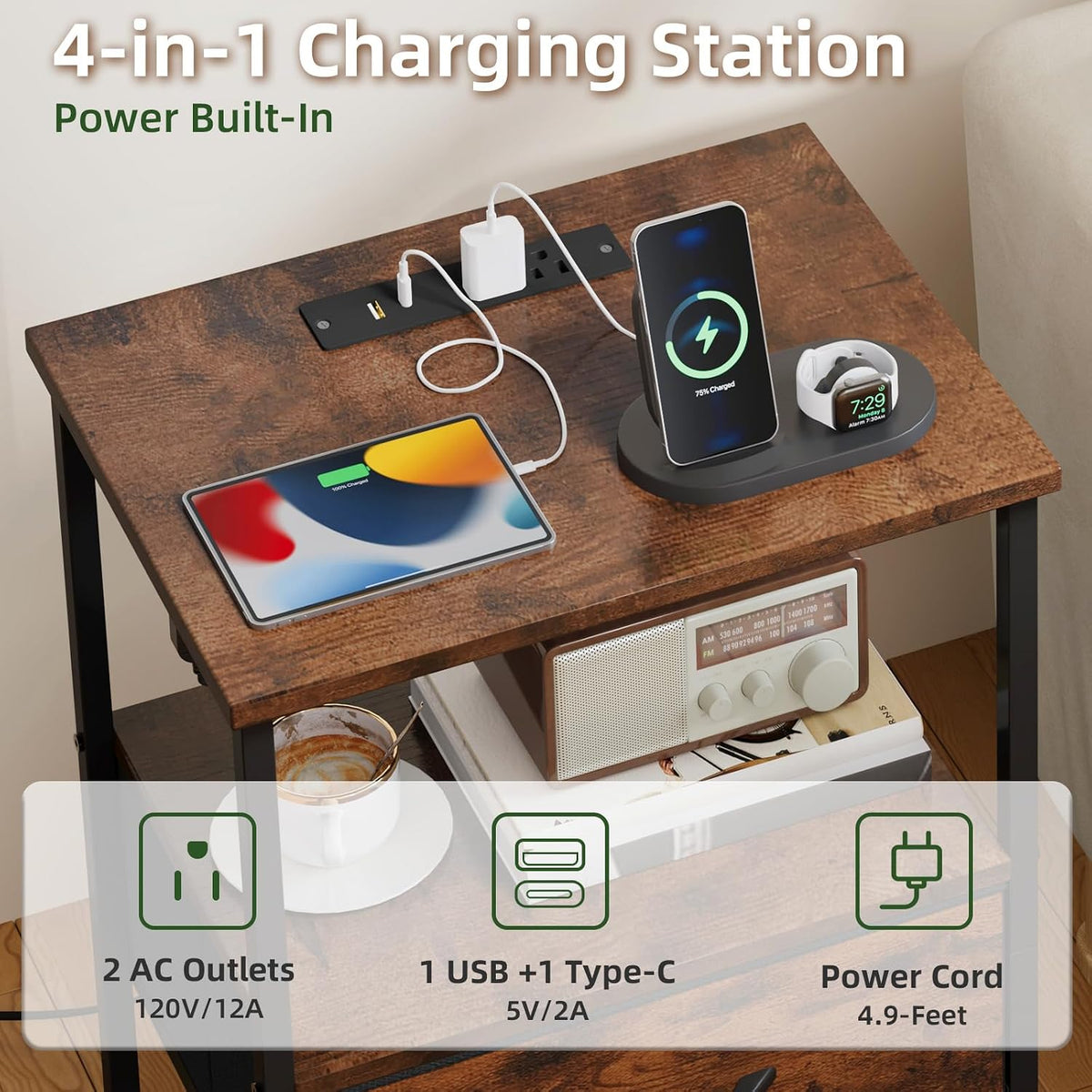 somdot tall nightstand with 3 drawers, charging station showing dimensions