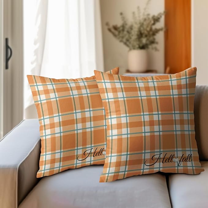 Orange Stripe Fall Throw Pillow Cover 16x16 Inch Set of 2 Hello Fall Stripes - Image 6