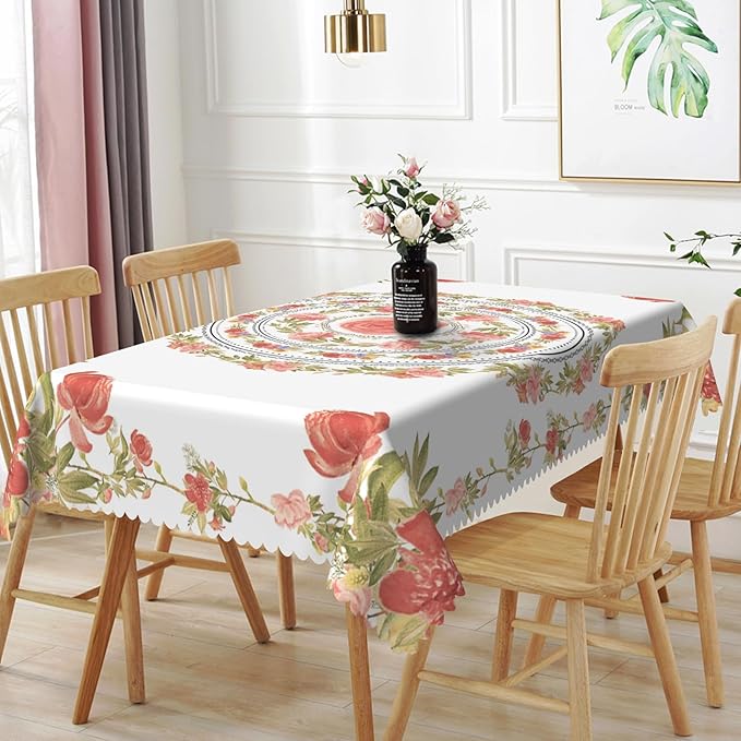 70x120inches Floral Rectangle Tablecloth Pink Rose Flower Wreath Printed by TTQYFNM