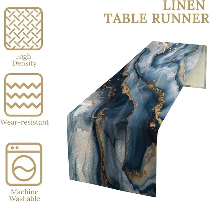 Marble Print Table Runner, Modern Blue Gold Abstract Table Runner - Image 4