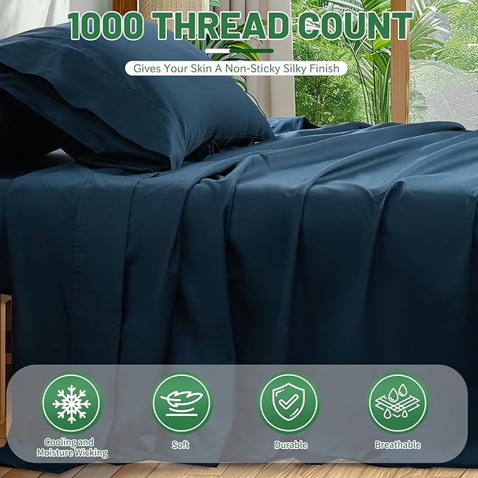 Egyptian Cotton Sheets Full Size 4PCS 1000 Thread Count Sateen Weave Soft - Image 2