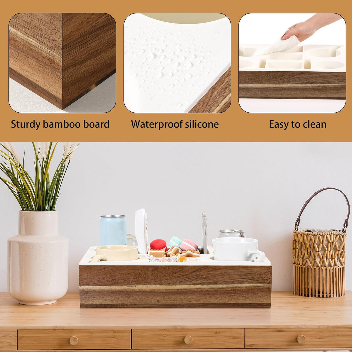 yerliker couch cup holder tray rectangle white acacia, side view