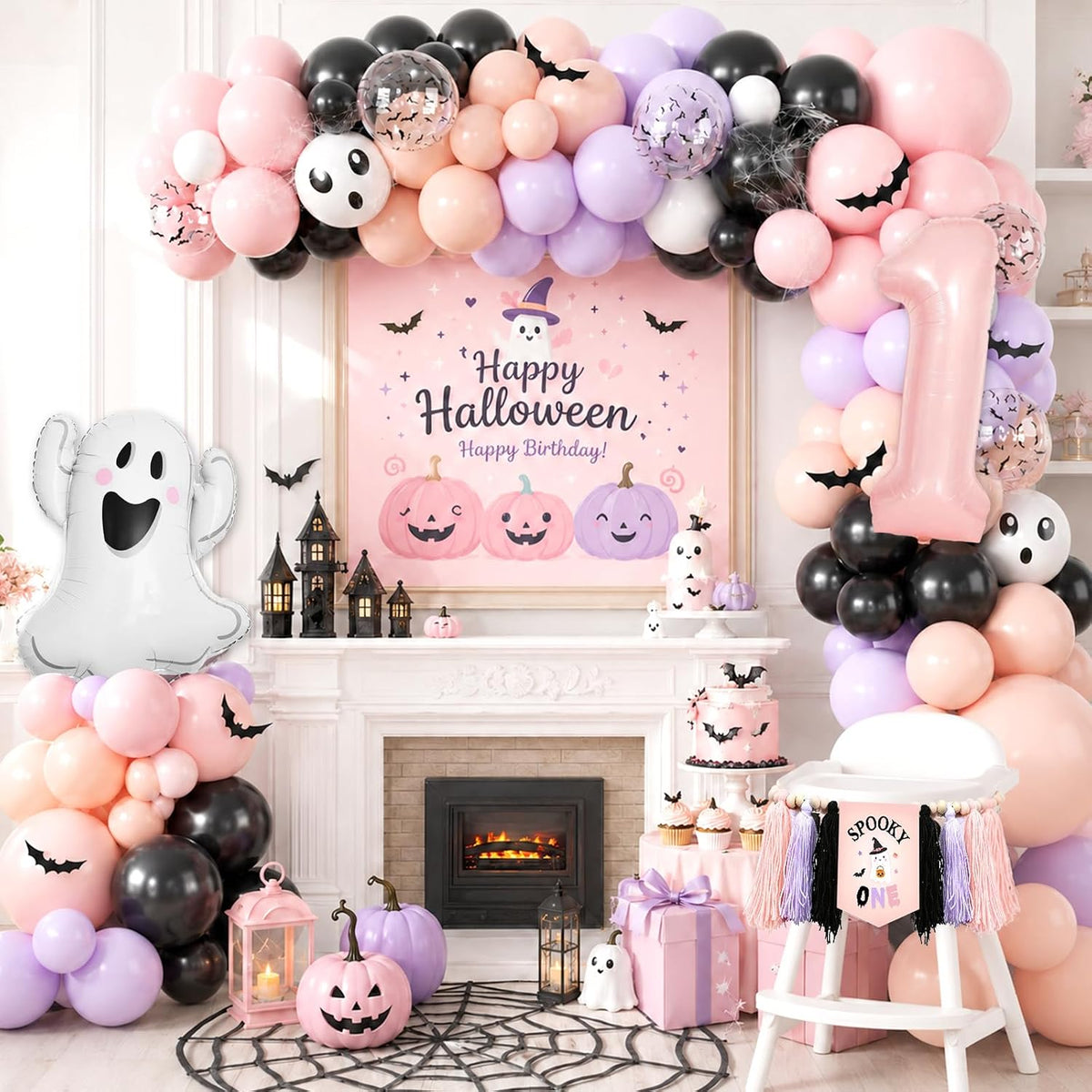 Spooky One Birthday Decorations Girl, 276 Pcs Pink Halloween 1st Birthday Party Decorations with Spooky One Plates,Napkins,Banner,Backdrop,Tablecloth and Balloon Arch for Ghost First Birthday