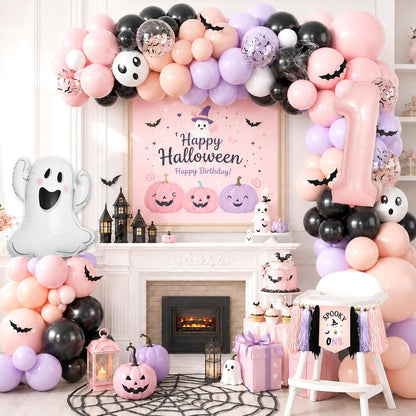Spooky One Birthday Decorations Girl, 276 Pcs Pink Halloween 1st Birthday Party Decorations with Spooky One Plates,Napkins,Banner,Backdrop,Tablecloth and Balloon Arch for Ghost First Birthday