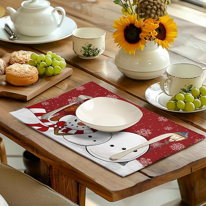 Red Snowman Snowflake Christmas Placemats Set of 4 Seasonal Winter Linen Table - Image 6