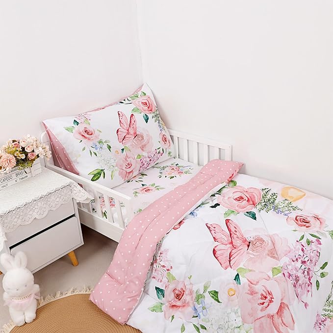 4 Piece Toddler Bedding Set for Girls, Butterfly Toddler Comforter Set - Image 2