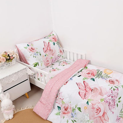 4 Piece Toddler Bedding Set for Girls, Butterfly Toddler Comforter Set - Image 2