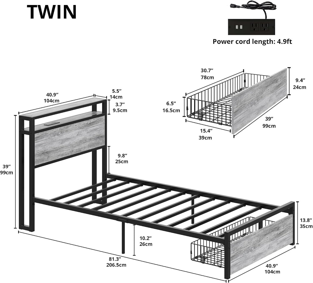 LIKIMIO Twin Bed Frames with Drawer and Charging Station, Industrial Gray