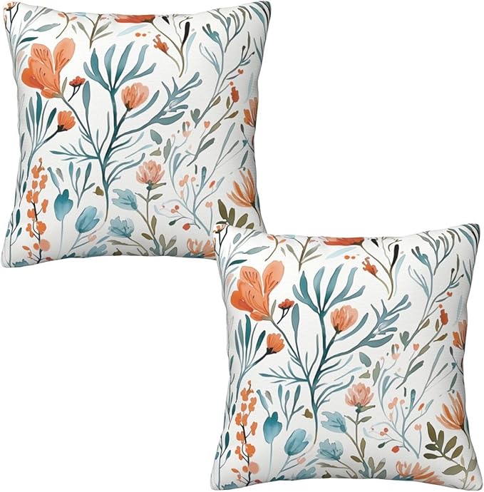 Turquoise Orange Floral Throw Pillow Covers 18x18 in Set of 2 Decorative Teal - Image 2