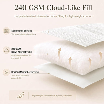 cozylux queen comforter set, 7 pieces white seersucker, close-up detail