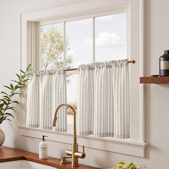 jinchan Striped Linen Kitchen Curtains 24 Inches Tier Curtains Farmhouse Modern - Image 2