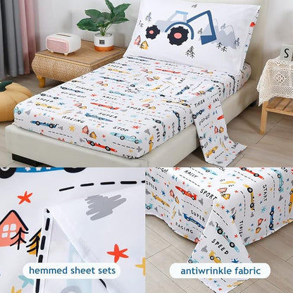 PERFEMET 5-Piece Kids Comforter Full Size Set Reversible Trucks Cars Bedding - Image 4