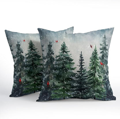 Green Tree Throw Pillow Covers Winter Snowy Forest Pillowcase 16x16 inch 2 PCS - Image 2