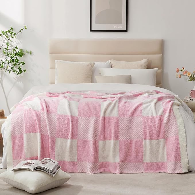 Snuggle Sac Checkered Blanket, Baby Pink Throw Blanket - Image 5