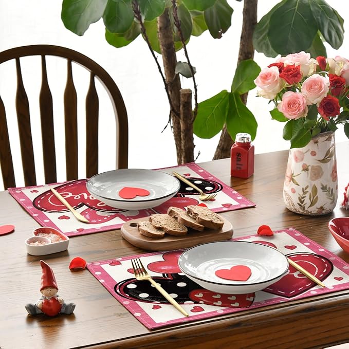 Artoid Mode Dot Hearts Love Pink Valentine's Placemats Set of 4, 12x18 Inch - Image 4