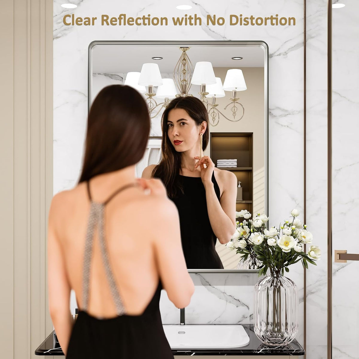 loaao 24x36 inch brushed nickel bathroom mirror shown in use