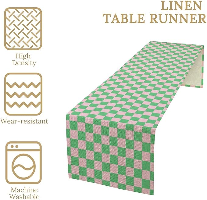 Retro Checkered Table Runner, Cute Pink Green Checkerboard Vintage Hippie - Image 6