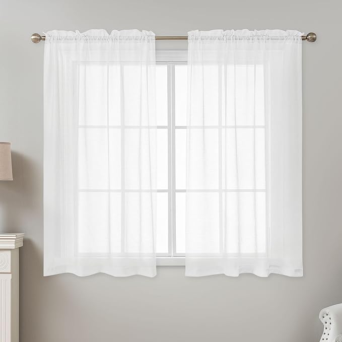 White Sheer Curtains 54 Inch Length, Privacy Semi Sheer Curtains - Image 2