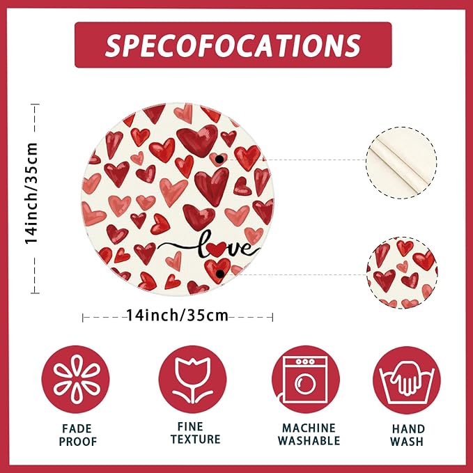 XCHI Watercolor Red Love Hearts Valentine’s Day Round Placemats Set of 4 Table - Image 5
