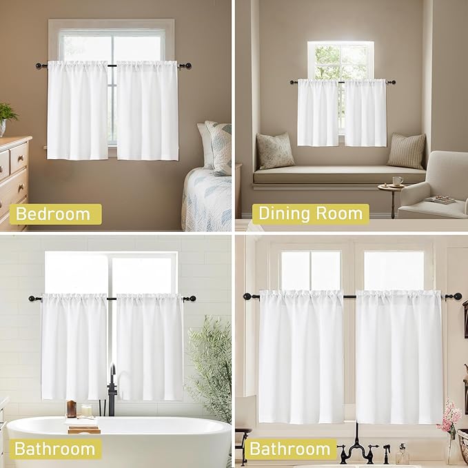 White Kitchen Curtains 24 Inch Length 2 Panels, Light Filtering Faux Linen - Image 6