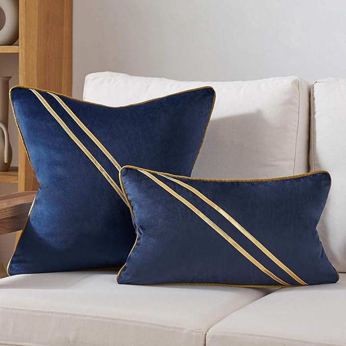 Avigers 20 x 20 Inch Navy Blue Gold Leather Striped Lines Velvet Cushion Case - Image 6