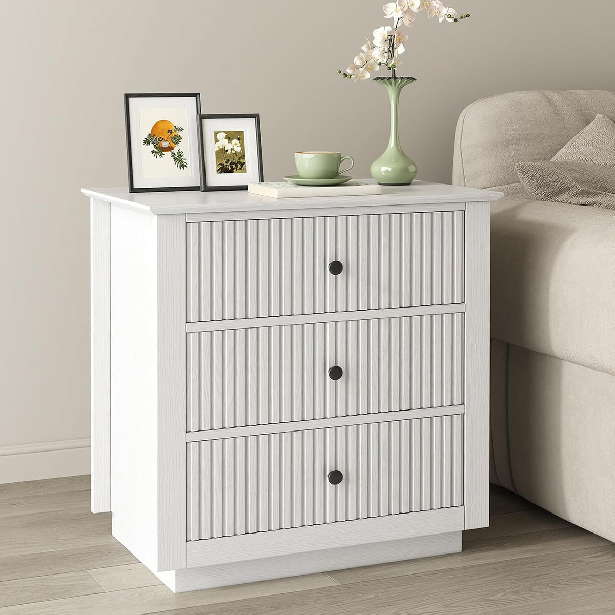 24" wide white fluted nightstand with 3 drawers, main product view