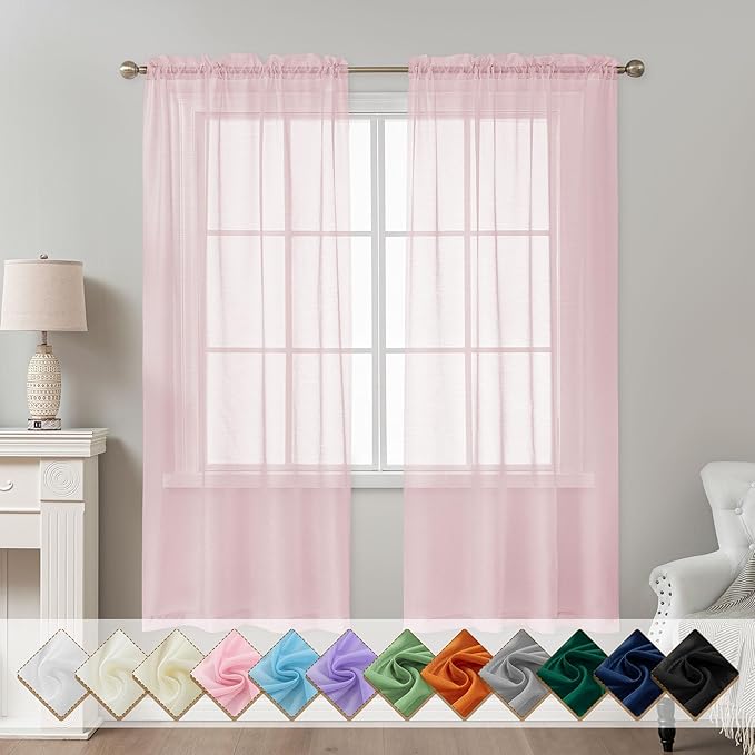 Pink Sheer Curtains 72 Inches Long, Privacy Semi Sheer Curtains by ABLUEN