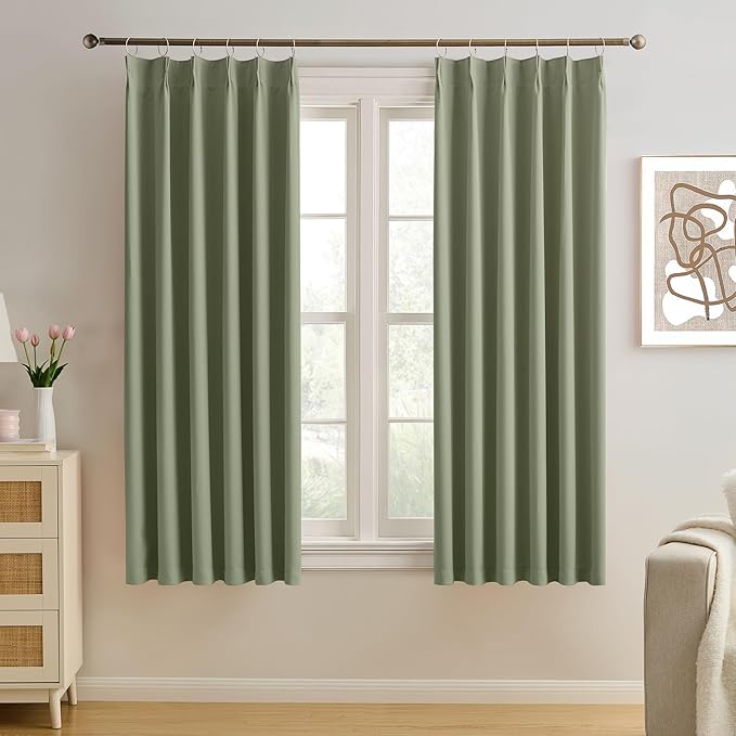 Sage Green Pinch Pleat Curtains 63 Inches Long Thermal Insulated Dark Black Out by KEQIAOSUOCAI