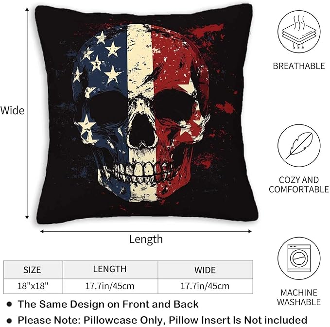 Patriotic Skull Throw Pillow Covers 18x18 Set of 2 | Decorative Cushion Cases - Image 5