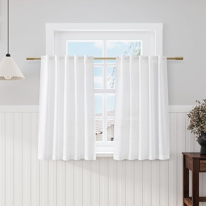 Nanspring White Linen Semi Sheer Cafe Curtains 36 Inch Length 2 Panel Set Back by Nanspring
