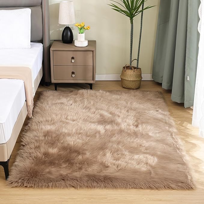 Latepis Shag Area Rugs 4x6 Machine Washable Faux Fur Rug Brown Beige Fluffy - Image 2