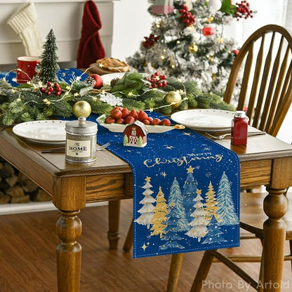 Artoid Mode Xmas Trees Merry Christmas Table Runner, Seasonal Winter Blue - Image 2