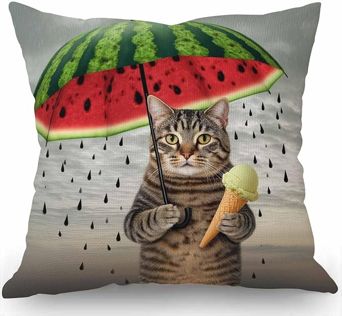 Swono Funny Animal Cat Throw Pillow Cover The Cute cat is Holding an Umbrella by Swono