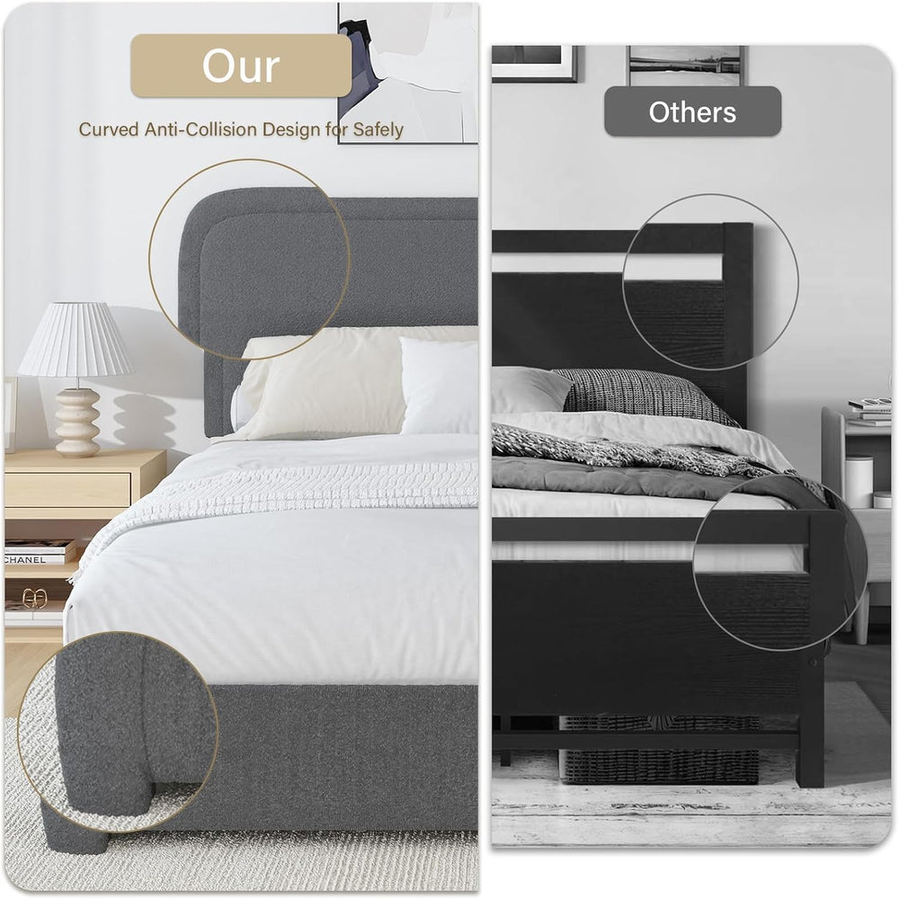 BarnFurin Full Bed Frame, Cloud Boucle Headboard, Low Profile, Dark Grey