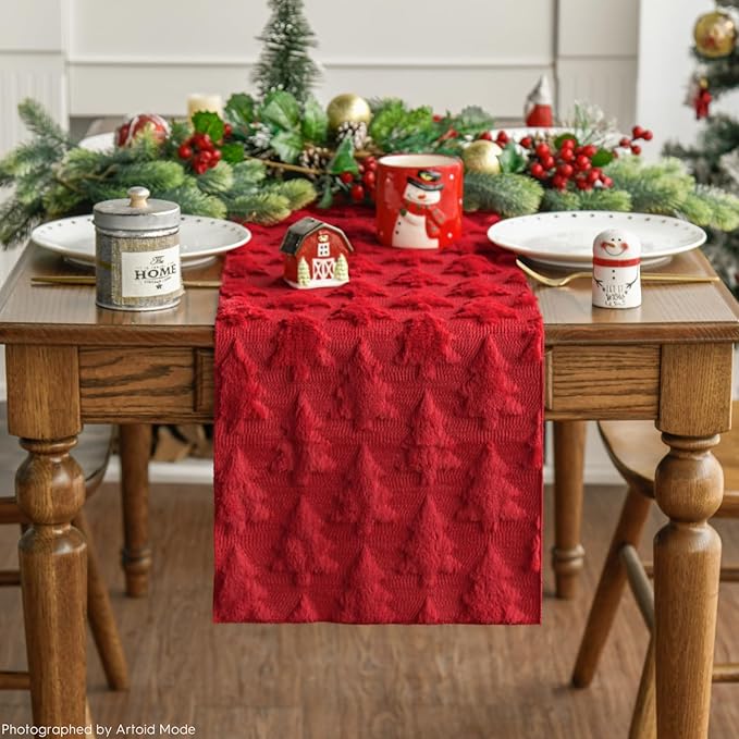 Artoid Mode Christmas Trees Red Soft Plush Faux Fur Jacquard Christmas Table - Image 3