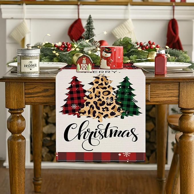 Christmas Tree Table Runner 13x72 Inch Buffalo Plaid Xmas Pine Trees Merry - Image 2