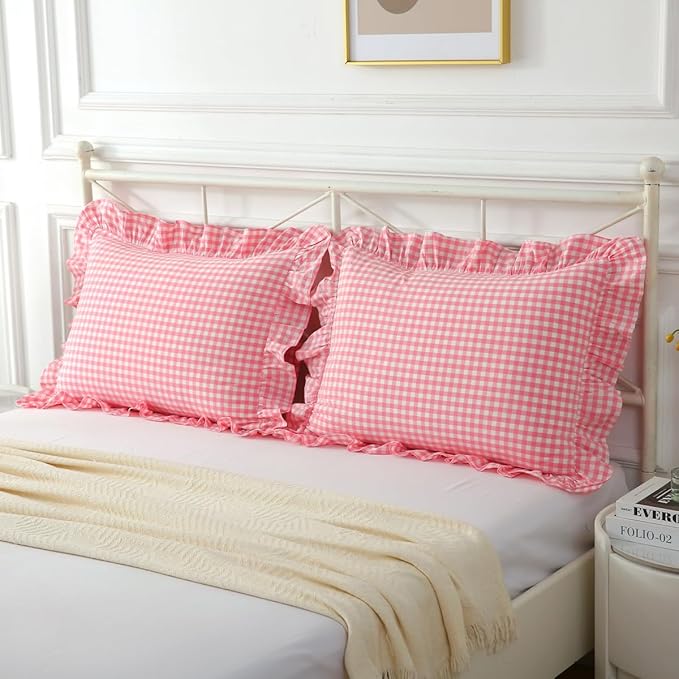 Vintage Light Pink Plaid Ruffle Pillow Shams Standard Size Set of 2, Washed - Image 7