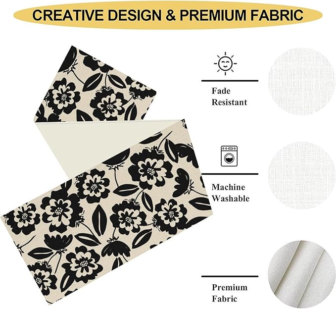 Dark Floral Table Runner, Abstract White Flower Seasonal Coffee Table Center - Image 5