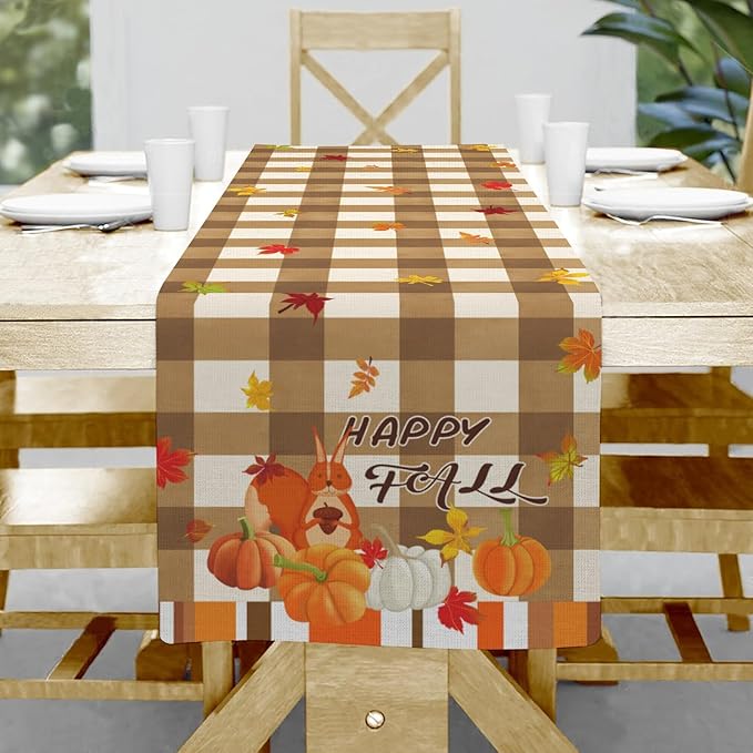 Happy Fall Table Runner, Fall Leaves Squirrel Decor Table Runners, Fall Table by Hliyty