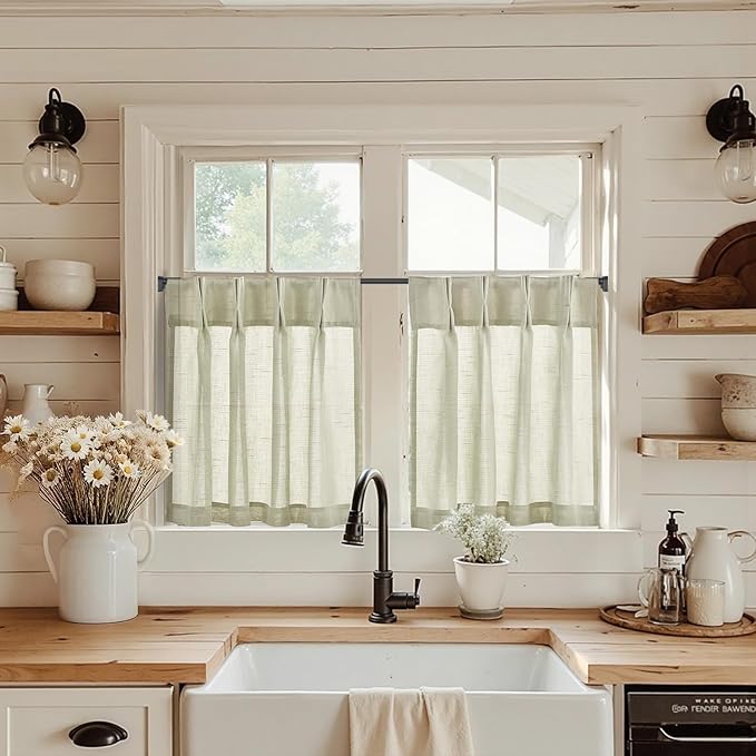 jinchan Linen Pinch Pleated Kitchen Curtains 30 Inch 2 Panels, Natural Linen by JINCHAN