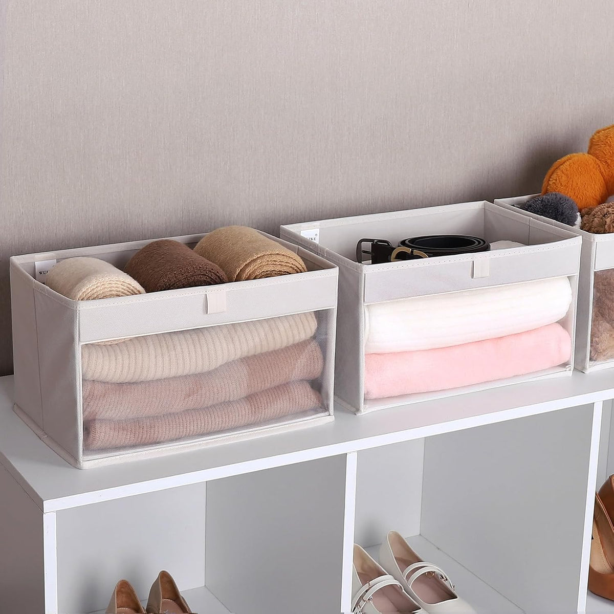 wuike closet storage bins with clear window, beige on a desk or shelf