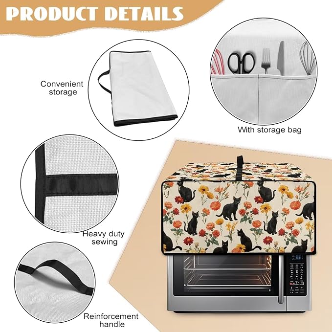 Black Cat Rose Daisy Floral Print Microwave Oven Cover - Image 6