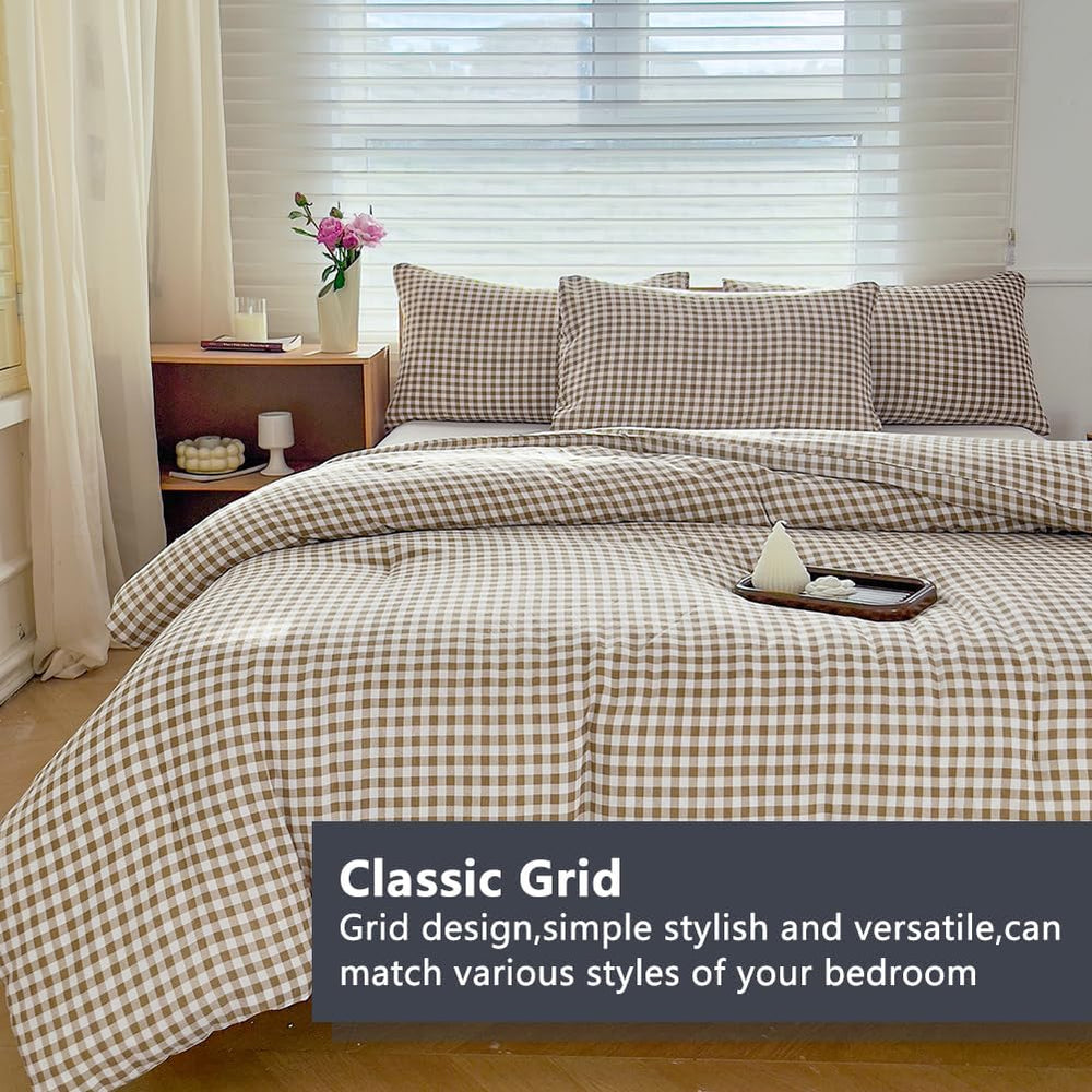 NSNLGSGC Tan Gingham Queen Comforter Set, 3 Pieces