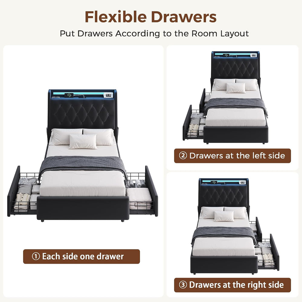 Twin LED Velvet Bed Frame with 2 Storage Drawers&Hidden Headboard, Uphols...