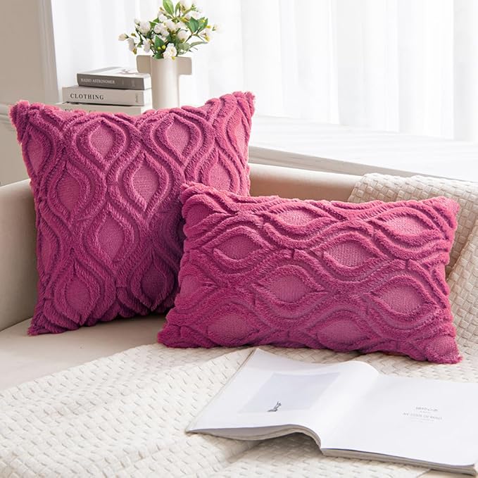 MIULEE Hot Pink Throw Pillow Covers 18x18 Inch, Soft Winter Plush Faux Wool - Image 2